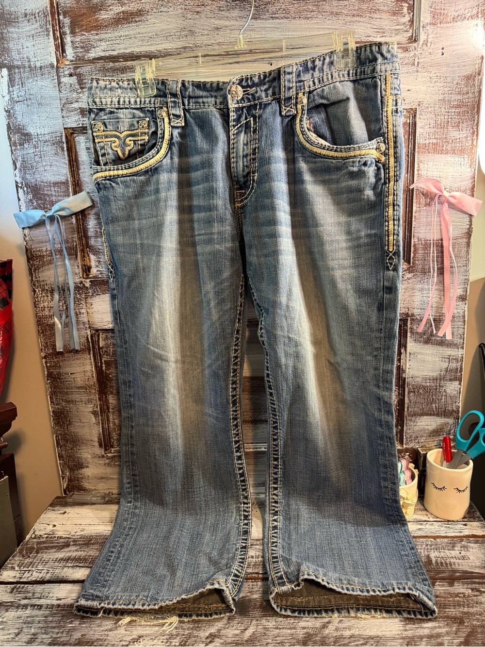 Rock Revival Men’s Blue Washed Flare Jeans with Cream Stitching